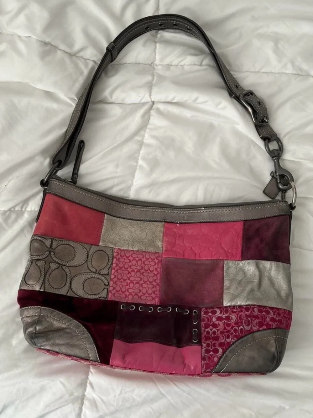 Coach Patchwork Leather Shoulder Bag - Pink, Magenta, Gray, Burgundy